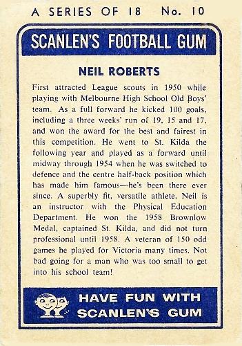 1963 Scanlens VFL #10 Neil Roberts Back